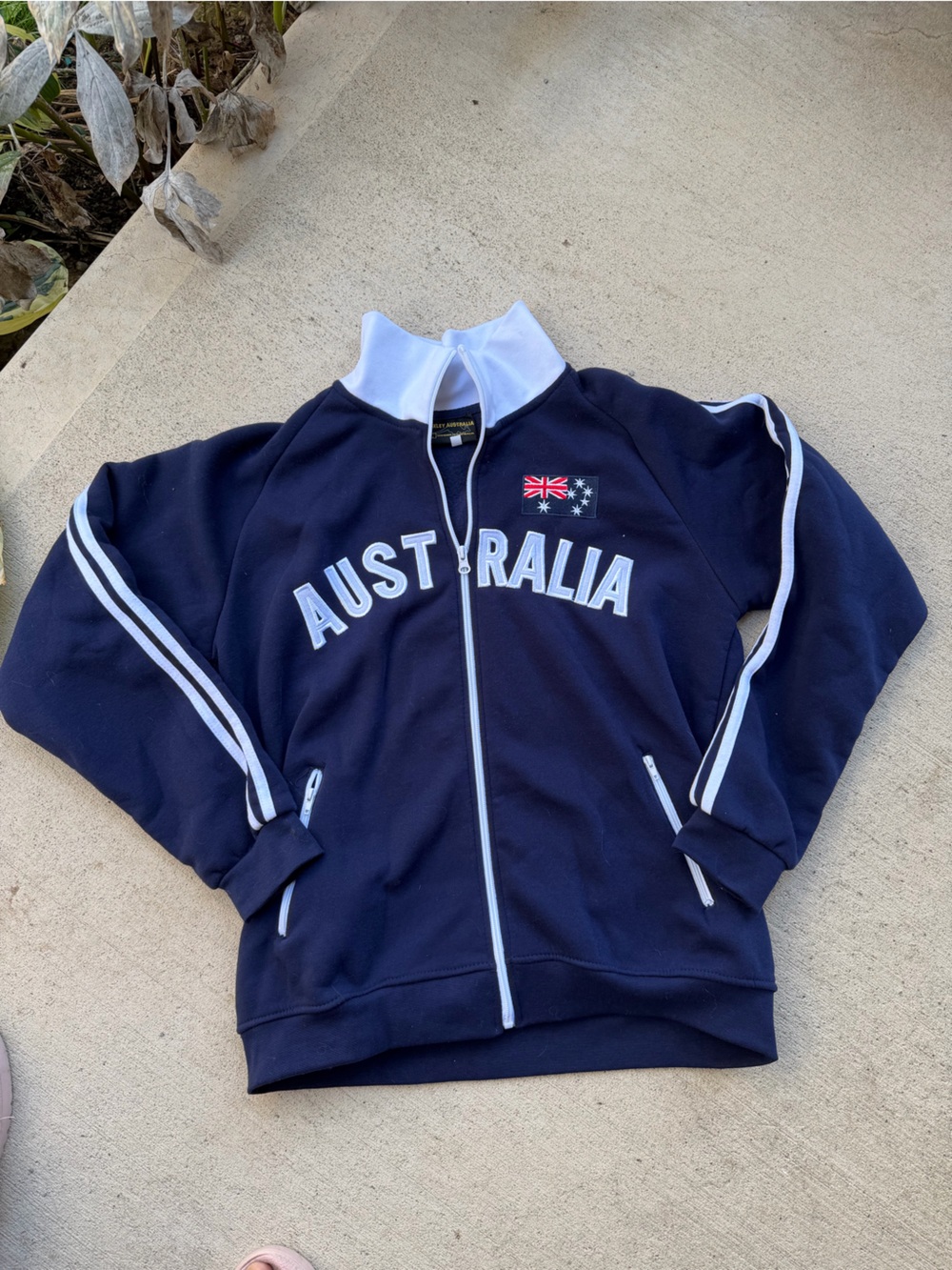 Men's Navy Zip-Up Track Sweater with White Trim